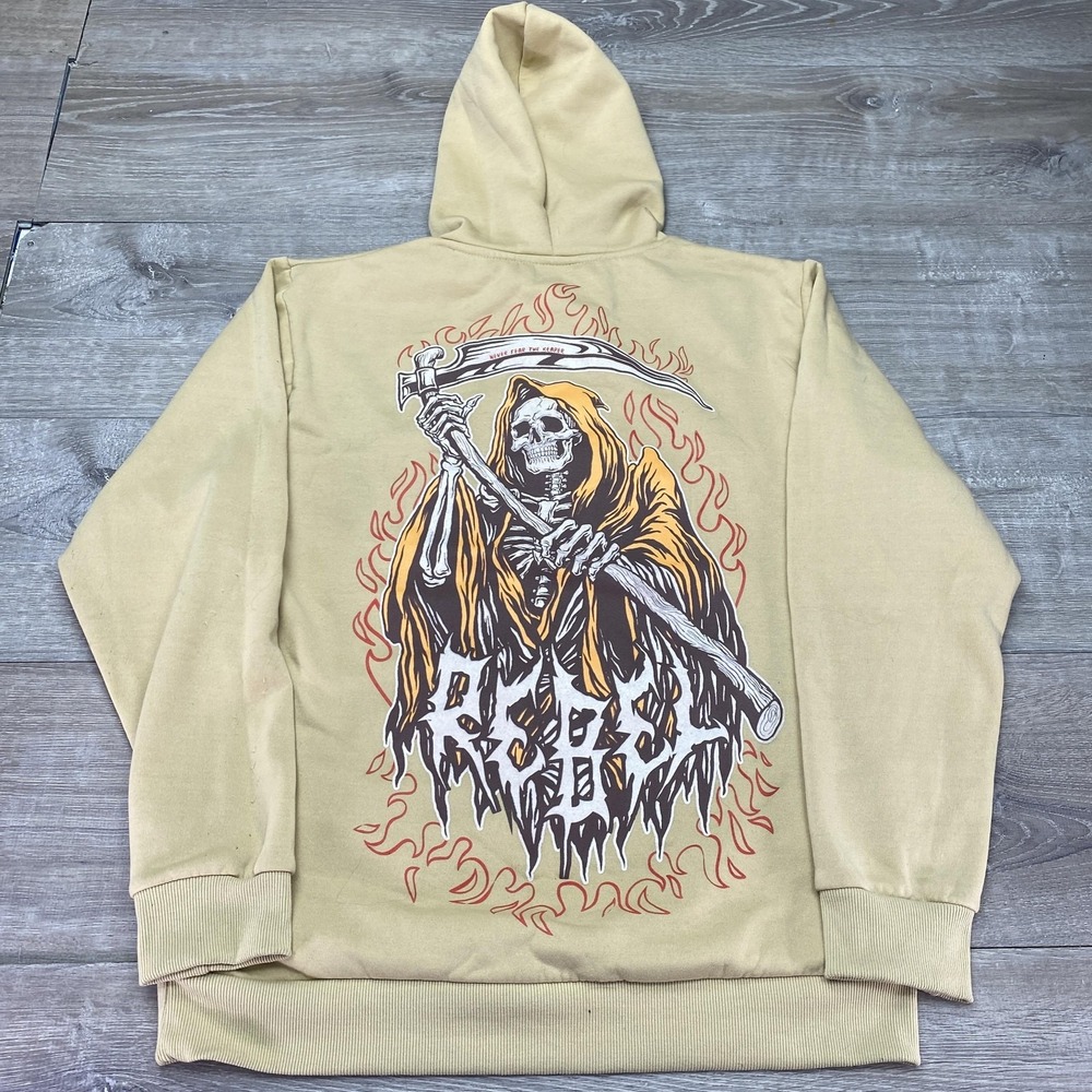 Rebel Vengeance Hoodie Sweatshirt Mens XL Beige Grim Reaper Skull Graphic Fleece